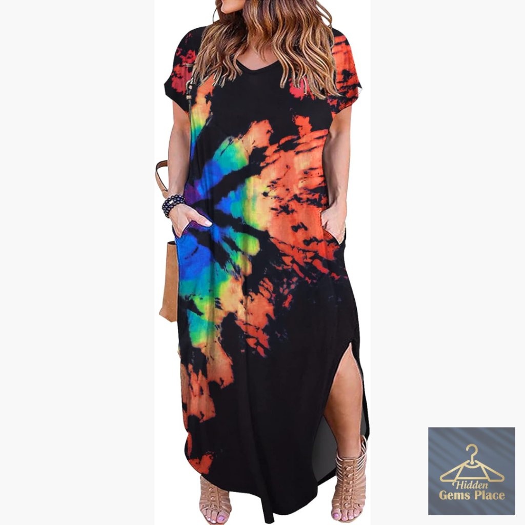 Plus Size Maxi Dress With Pockets, V-Neck, Side Slits, Casual Summer Wear